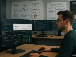 Modernes Entwickler-Büro mit mehreren Monitoren, Code-Snippets, Whiteboards und technischen Postern