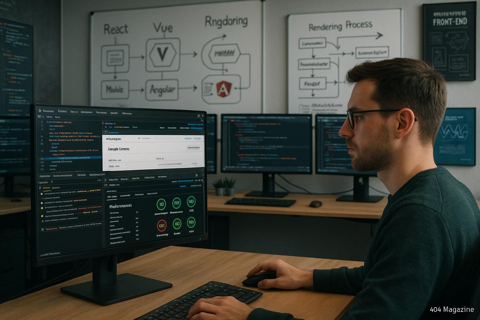 Modernes Entwickler-Büro mit mehreren Monitoren, Code-Snippets, Whiteboards und technischen Postern