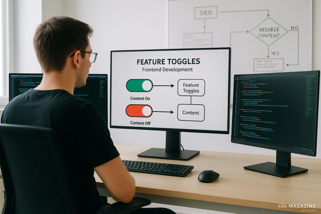 Ein Entwickler arbeitet an einem modernen Arbeitsplatz mit mehreren Monitoren, die Colorful Code Snippets und Toggle Switch Icons anzeigen, im Hintergrund Whiteboard mit SEO-Flussdiagrammen