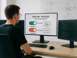 Ein Entwickler arbeitet an einem modernen Arbeitsplatz mit mehreren Monitoren, die Colorful Code Snippets und Toggle Switch Icons anzeigen, im Hintergrund Whiteboard mit SEO-Flussdiagrammen