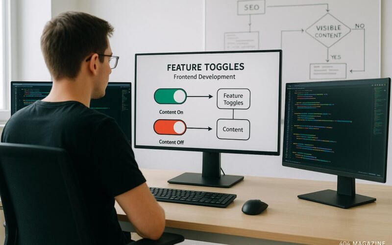 Ein Entwickler arbeitet an einem modernen Arbeitsplatz mit mehreren Monitoren, die Colorful Code Snippets und Toggle Switch Icons anzeigen, im Hintergrund Whiteboard mit SEO-Flussdiagrammen