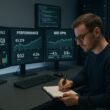 Techniker in einer technischen Arbeitsumgebung mit Monitoren, die Dashboards zu Performance- und SEO-KPIs zeigen, im Hintergrund Code-Editor und Server-Racks