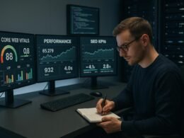 Techniker in einer technischen Arbeitsumgebung mit Monitoren, die Dashboards zu Performance- und SEO-KPIs zeigen, im Hintergrund Code-Editor und Server-Racks