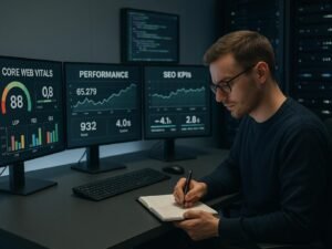 Techniker in einer technischen Arbeitsumgebung mit Monitoren, die Dashboards zu Performance- und SEO-KPIs zeigen, im Hintergrund Code-Editor und Server-Racks