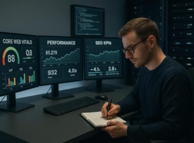 Techniker in einer technischen Arbeitsumgebung mit Monitoren, die Dashboards zu Performance- und SEO-KPIs zeigen, im Hintergrund Code-Editor und Server-Racks