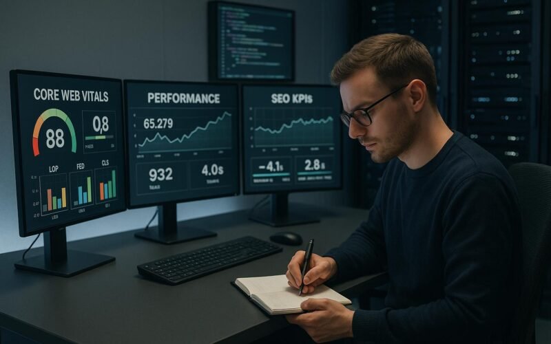 Techniker in einer technischen Arbeitsumgebung mit Monitoren, die Dashboards zu Performance- und SEO-KPIs zeigen, im Hintergrund Code-Editor und Server-Racks