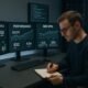Techniker in einer technischen Arbeitsumgebung mit Monitoren, die Dashboards zu Performance- und SEO-KPIs zeigen, im Hintergrund Code-Editor und Server-Racks