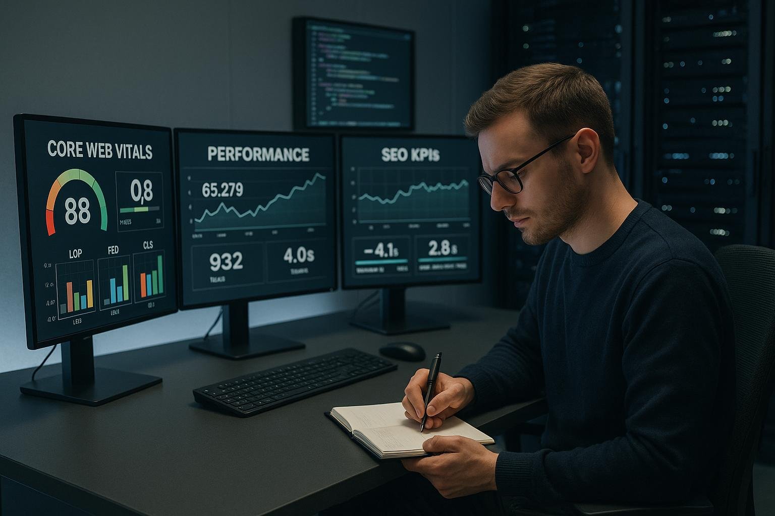 Techniker in einer technischen Arbeitsumgebung mit Monitoren, die Dashboards zu Performance- und SEO-KPIs zeigen, im Hintergrund Code-Editor und Server-Racks