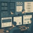 Ein hochmodernes SEO-Kontrollzentrum mit vielen Monitoren, Technikbüchern und Whiteboard mit Crawl-Strategien, betreut von IT-Experten.