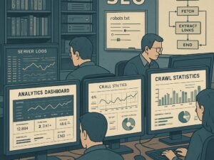 Ein hochmodernes SEO-Kontrollzentrum mit vielen Monitoren, Technikbüchern und Whiteboard mit Crawl-Strategien, betreut von IT-Experten.