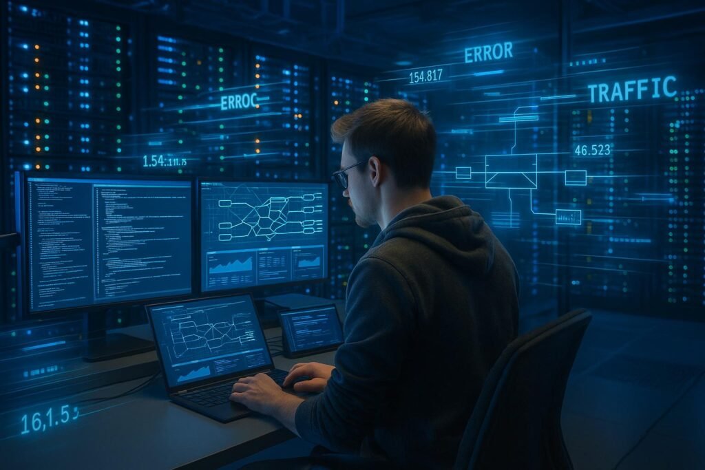 Modernes Rechenzentrum mit Serverracks, IT-Spezialist, Netzwerkdiagramme und holografische Datenströme bei Analyse und Fehlerbehebung