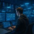 Modernes Rechenzentrum mit Serverracks, IT-Spezialist, Netzwerkdiagramme und holografische Datenströme bei Analyse und Fehlerbehebung