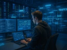 Modernes Rechenzentrum mit Serverracks, IT-Spezialist, Netzwerkdiagramme und holografische Datenströme bei Analyse und Fehlerbehebung