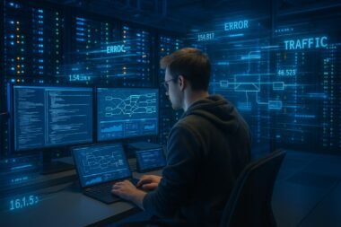 Modernes Rechenzentrum mit Serverracks, IT-Spezialist, Netzwerkdiagramme und holografische Datenströme bei Analyse und Fehlerbehebung