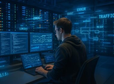 Modernes Rechenzentrum mit Serverracks, IT-Spezialist, Netzwerkdiagramme und holografische Datenströme bei Analyse und Fehlerbehebung