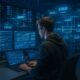 Modernes Rechenzentrum mit Serverracks, IT-Spezialist, Netzwerkdiagramme und holografische Datenströme bei Analyse und Fehlerbehebung