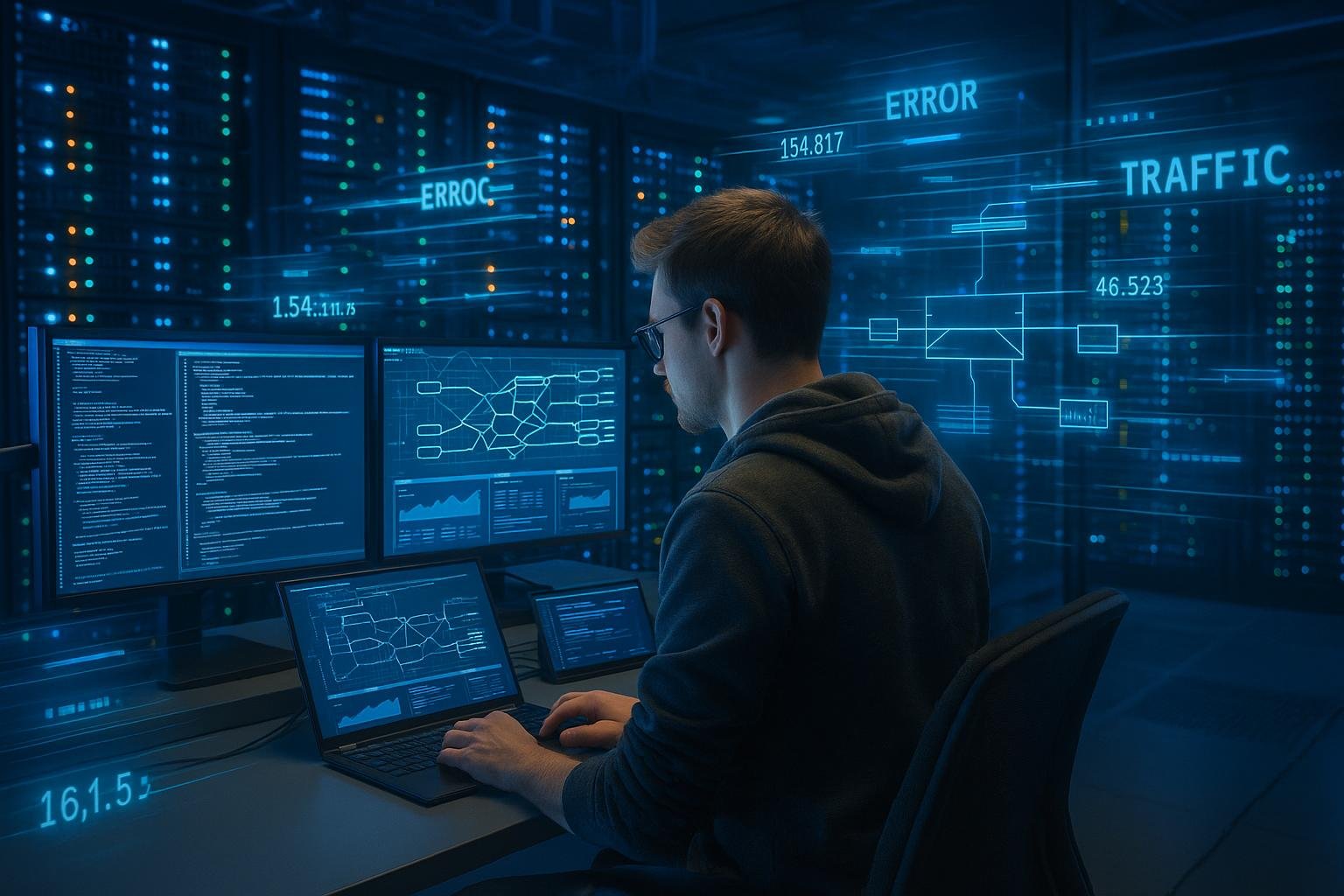 Modernes Rechenzentrum mit Serverracks, IT-Spezialist, Netzwerkdiagramme und holografische Datenströme bei Analyse und Fehlerbehebung