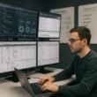 Entwickler in casual Kleidung arbeitet an einem Laptop in einem modernen Serverraum mit mehreren Monitoren, die Code, Monitoring- und SEO-Tools anzeigen, mit Whiteboards im Hintergrund.