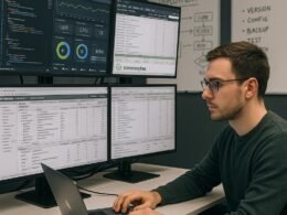Entwickler in casual Kleidung arbeitet an einem Laptop in einem modernen Serverraum mit mehreren Monitoren, die Code, Monitoring- und SEO-Tools anzeigen, mit Whiteboards im Hintergrund.