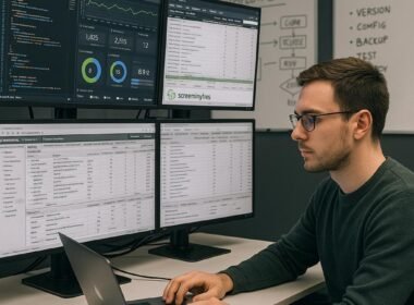 Entwickler in casual Kleidung arbeitet an einem Laptop in einem modernen Serverraum mit mehreren Monitoren, die Code, Monitoring- und SEO-Tools anzeigen, mit Whiteboards im Hintergrund.