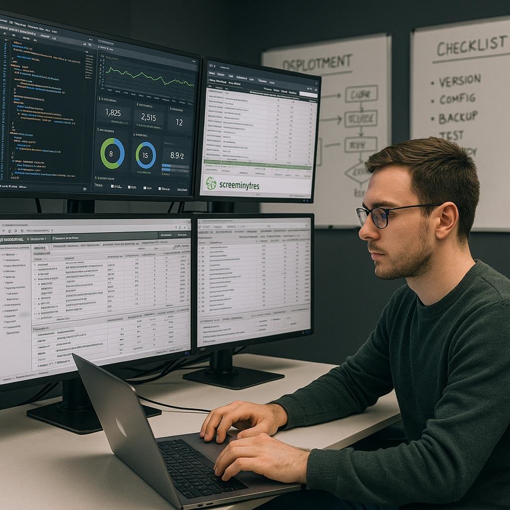 Entwickler in casual Kleidung arbeitet an einem Laptop in einem modernen Serverraum mit mehreren Monitoren, die Code, Monitoring- und SEO-Tools anzeigen, mit Whiteboards im Hintergrund.