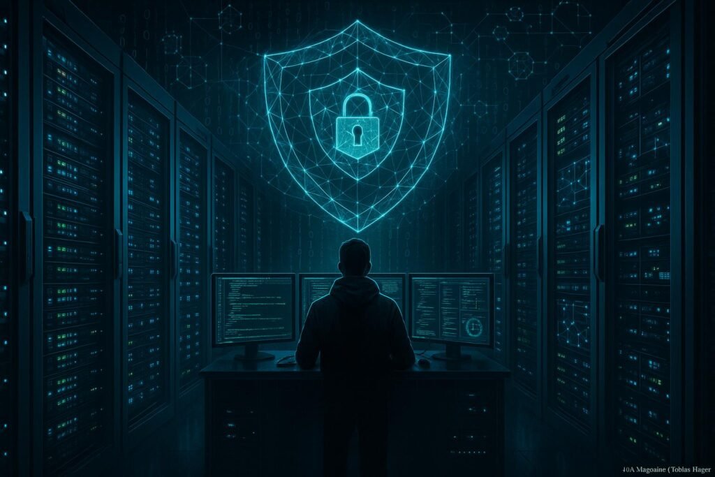 Hochmoderner Serverraum mit leuchtenden Server-Racks, einer Person vor Monitoren, digitaler Schutzbarriere, Blockchain-Netzwerken und binären Codes, geschützt durch leuchtende Netzwerkgrafiken, Credit: 404 Magazine (Tobias Hager)