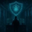 Hochmoderner Serverraum mit leuchtenden Server-Racks, einer Person vor Monitoren, digitaler Schutzbarriere, Blockchain-Netzwerken und binären Codes, geschützt durch leuchtende Netzwerkgrafiken, Credit: 404 Magazine (Tobias Hager)