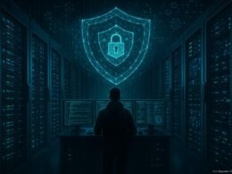 Hochmoderner Serverraum mit leuchtenden Server-Racks, einer Person vor Monitoren, digitaler Schutzbarriere, Blockchain-Netzwerken und binären Codes, geschützt durch leuchtende Netzwerkgrafiken, Credit: 404 Magazine (Tobias Hager)
