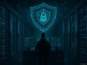 Hochmoderner Serverraum mit leuchtenden Server-Racks, einer Person vor Monitoren, digitaler Schutzbarriere, Blockchain-Netzwerken und binären Codes, geschützt durch leuchtende Netzwerkgrafiken, Credit: 404 Magazine (Tobias Hager)