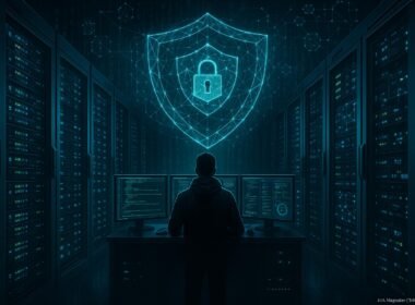 Hochmoderner Serverraum mit leuchtenden Server-Racks, einer Person vor Monitoren, digitaler Schutzbarriere, Blockchain-Netzwerken und binären Codes, geschützt durch leuchtende Netzwerkgrafiken, Credit: 404 Magazine (Tobias Hager)