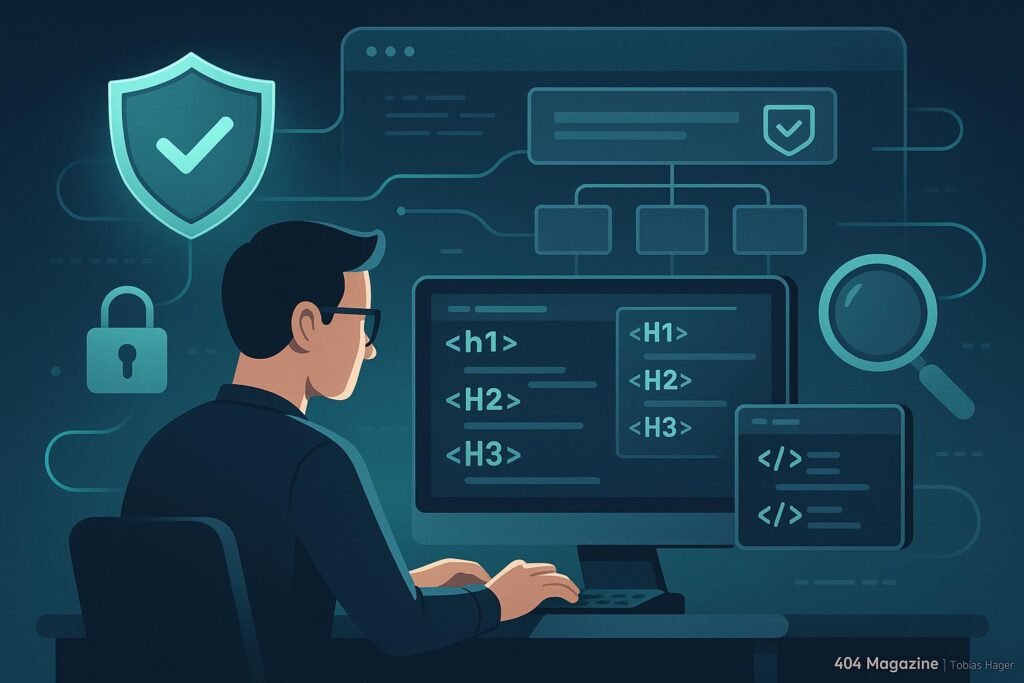 Moderner digitaler Arbeitsplatz mit Entwickler, Code, Sicherheitssymbole wie Schild, Schloss und Lupen, sowie einer Website-Architektur im Hintergrund, die Schutzmaßnahmen gegen Header-Manipulation darstellen. Credit: 404 Magazine (Tobias Hager).