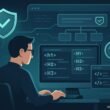 Moderner digitaler Arbeitsplatz mit Entwickler, Code, Sicherheitssymbole wie Schild, Schloss und Lupen, sowie einer Website-Architektur im Hintergrund, die Schutzmaßnahmen gegen Header-Manipulation darstellen. Credit: 404 Magazine (Tobias Hager).