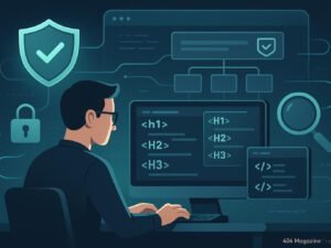 Moderner digitaler Arbeitsplatz mit Entwickler, Code, Sicherheitssymbole wie Schild, Schloss und Lupen, sowie einer Website-Architektur im Hintergrund, die Schutzmaßnahmen gegen Header-Manipulation darstellen. Credit: 404 Magazine (Tobias Hager).