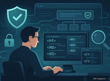 Moderner digitaler Arbeitsplatz mit Entwickler, Code, Sicherheitssymbole wie Schild, Schloss und Lupen, sowie einer Website-Architektur im Hintergrund, die Schutzmaßnahmen gegen Header-Manipulation darstellen. Credit: 404 Magazine (Tobias Hager).