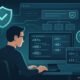 Moderner digitaler Arbeitsplatz mit Entwickler, Code, Sicherheitssymbole wie Schild, Schloss und Lupen, sowie einer Website-Architektur im Hintergrund, die Schutzmaßnahmen gegen Header-Manipulation darstellen. Credit: 404 Magazine (Tobias Hager).