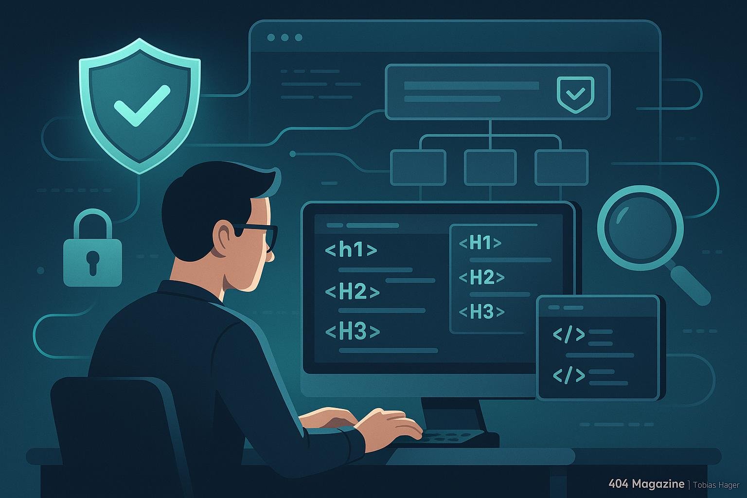 Moderner digitaler Arbeitsplatz mit Entwickler, Code, Sicherheitssymbole wie Schild, Schloss und Lupen, sowie einer Website-Architektur im Hintergrund, die Schutzmaßnahmen gegen Header-Manipulation darstellen. Credit: 404 Magazine (Tobias Hager).