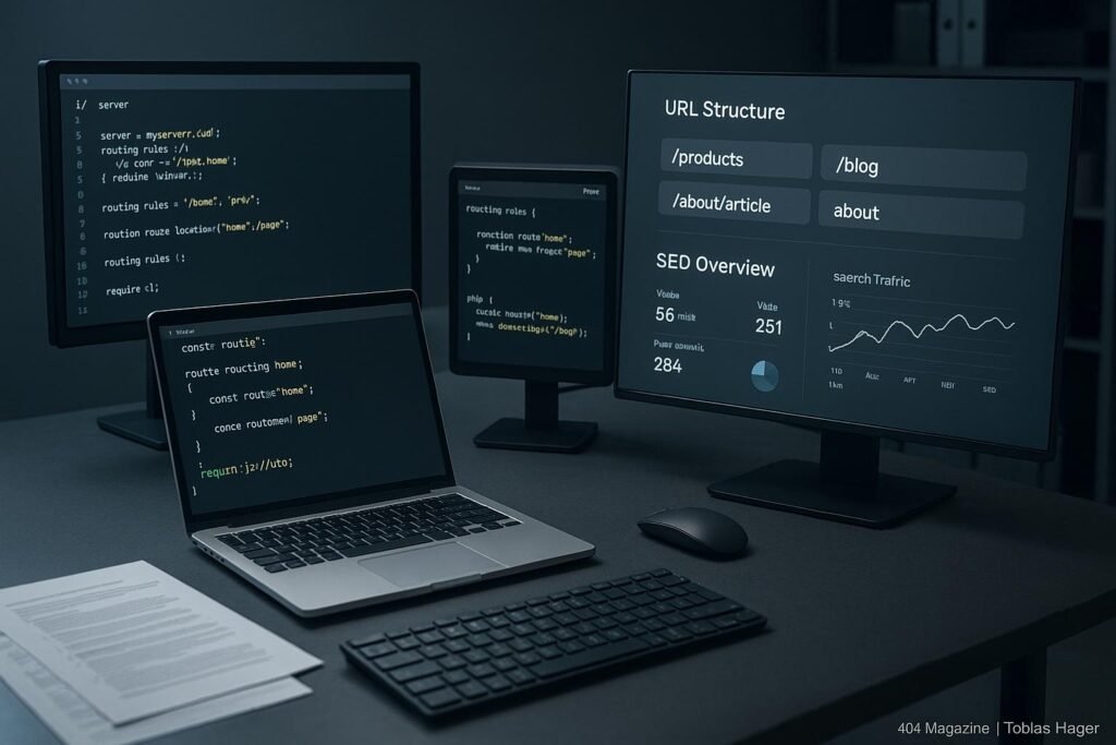 Moderner Arbeitsbereich eines Webentwicklers mit mehreren Monitoren, die Code und SEO-Daten anzeigen, umgeben von technischen Dokumenten und einem Laptop