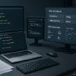 Moderner Arbeitsbereich eines Webentwicklers mit mehreren Monitoren, die Code und SEO-Daten anzeigen, umgeben von technischen Dokumenten und einem Laptop