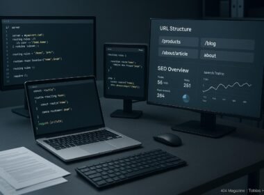 Moderner Arbeitsbereich eines Webentwicklers mit mehreren Monitoren, die Code und SEO-Daten anzeigen, umgeben von technischen Dokumenten und einem Laptop