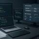 Moderner Arbeitsbereich eines Webentwicklers mit mehreren Monitoren, die Code und SEO-Daten anzeigen, umgeben von technischen Dokumenten und einem Laptop
