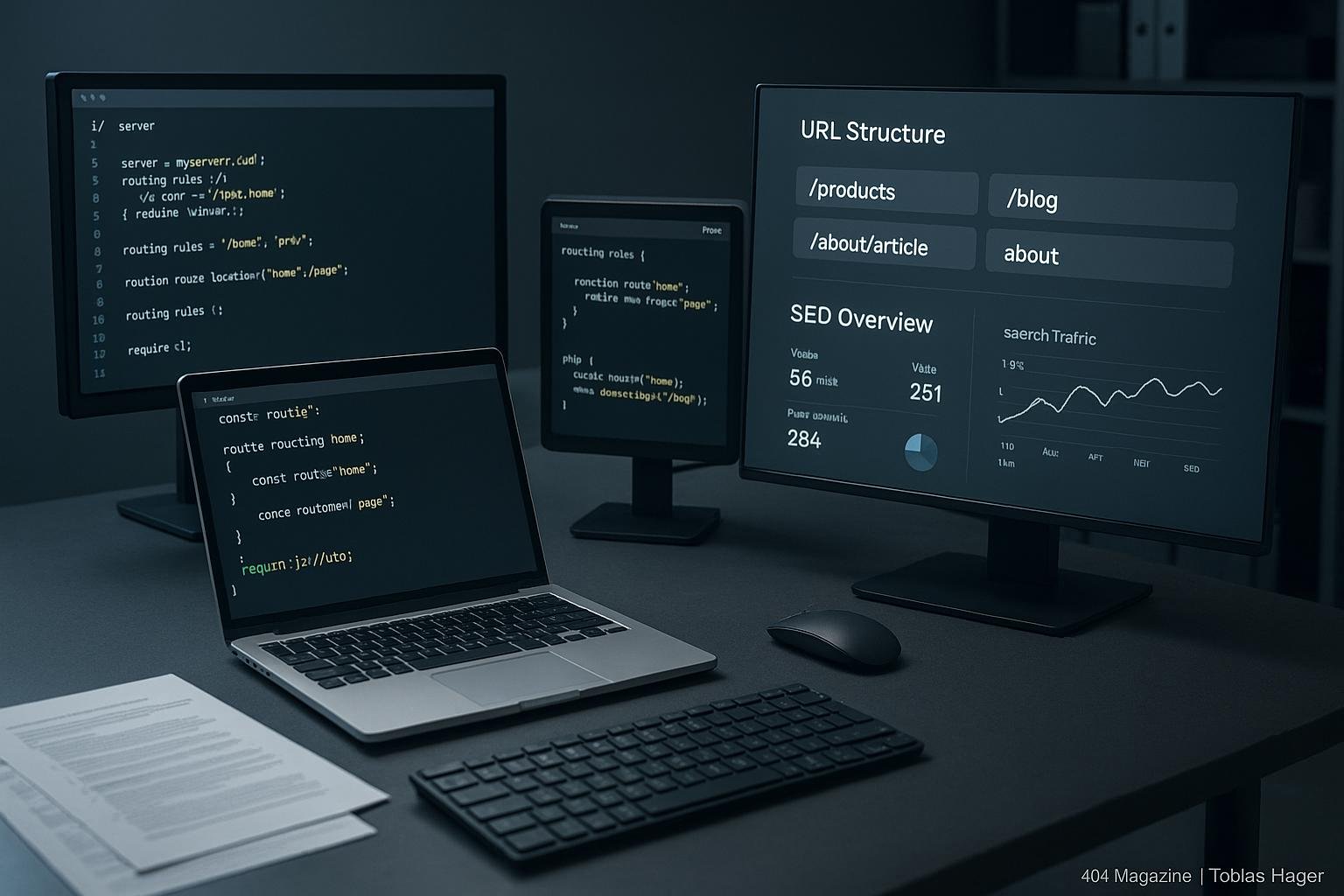 Moderner Arbeitsbereich eines Webentwicklers mit mehreren Monitoren, die Code und SEO-Daten anzeigen, umgeben von technischen Dokumenten und einem Laptop