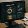 Nahaufnahme eines Computerbildschirms mit Code, Diagrammen und Dashboards zur Website-Analyse, im Hintergrund ein minimalistischer Arbeitsplatz