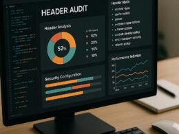Nahaufnahme eines Computerbildschirms mit Code, Diagrammen und Dashboards zur Website-Analyse, im Hintergrund ein minimalistischer Arbeitsplatz