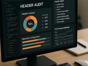 Nahaufnahme eines Computerbildschirms mit Code, Diagrammen und Dashboards zur Website-Analyse, im Hintergrund ein minimalistischer Arbeitsplatz