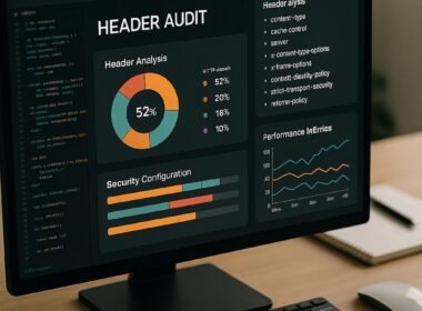 Nahaufnahme eines Computerbildschirms mit Code, Diagrammen und Dashboards zur Website-Analyse, im Hintergrund ein minimalistischer Arbeitsplatz