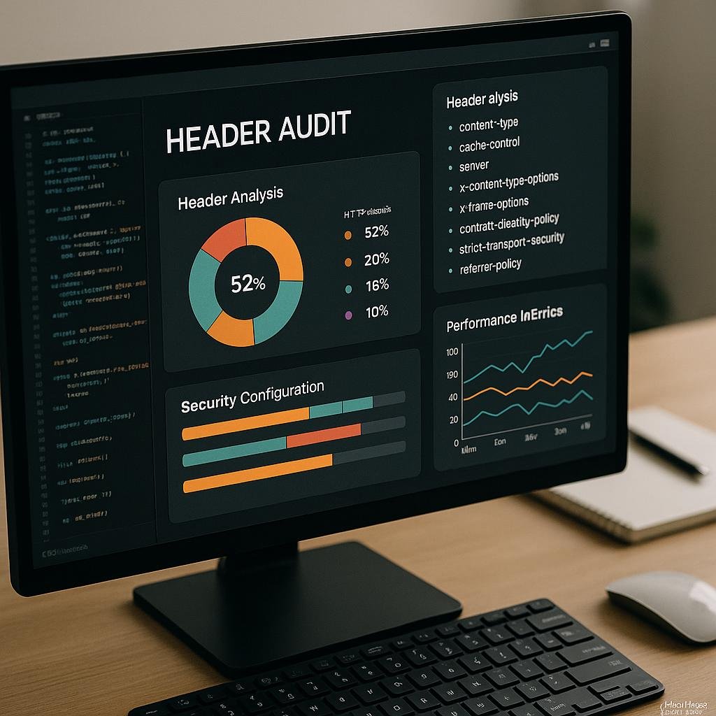 Nahaufnahme eines Computerbildschirms mit Code, Diagrammen und Dashboards zur Website-Analyse, im Hintergrund ein minimalistischer Arbeitsplatz