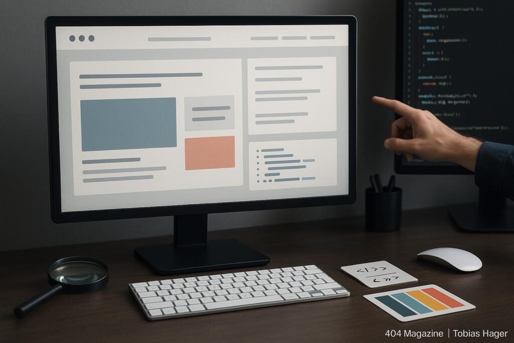 Moderner Arbeitsplatz mit Computer, Entwicklungswerkzeugen und Entwickler bei Codeanalyse, betont Webdesign und Troubleshooting