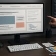 Moderner Arbeitsplatz mit Computer, Entwicklungswerkzeugen und Entwickler bei Codeanalyse, betont Webdesign und Troubleshooting