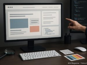 Moderner Arbeitsplatz mit Computer, Entwicklungswerkzeugen und Entwickler bei Codeanalyse, betont Webdesign und Troubleshooting