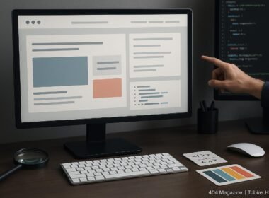 Moderner Arbeitsplatz mit Computer, Entwicklungswerkzeugen und Entwickler bei Codeanalyse, betont Webdesign und Troubleshooting